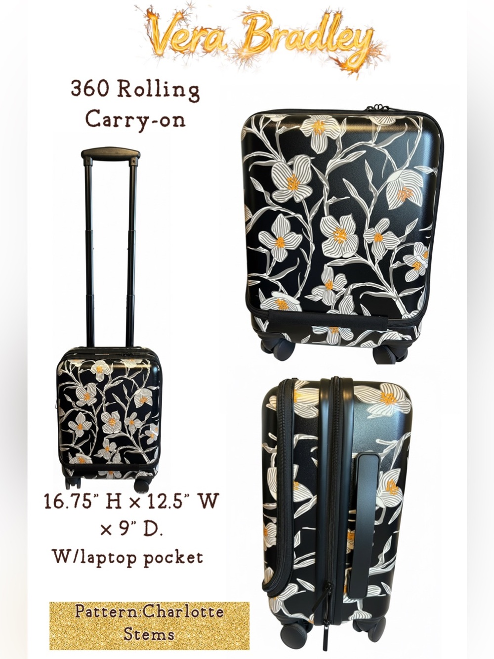 Vera Bradley 360 Spinner Carry-On Suitcase Floral Laptop Pocket EUC